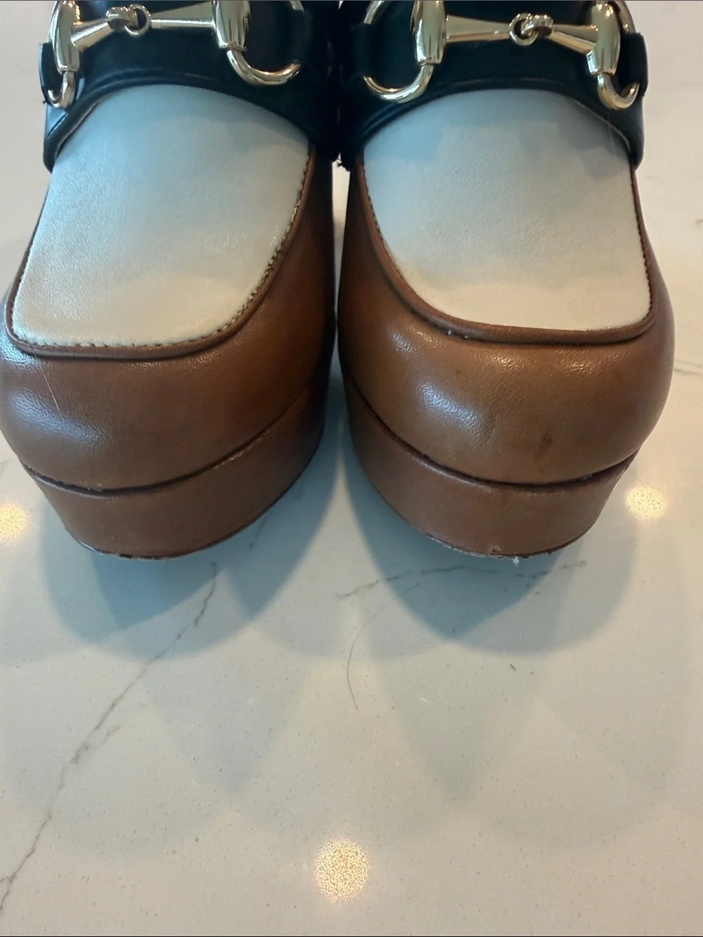 Steve Madden Brown Platform Loafer with Cream Vamp and Black Strap